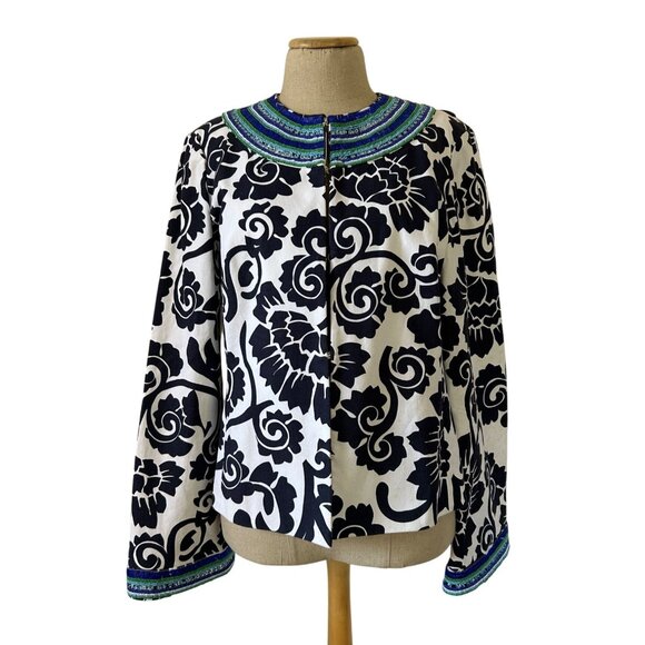 Tory Burch Womens Embellished Floral Beaded Jacket Size 12 Black & White - Picture 1 of 16